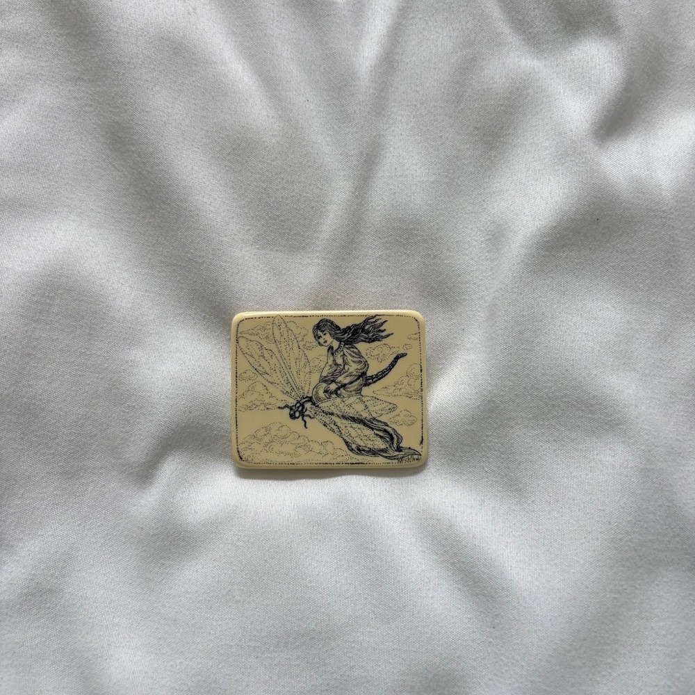 Vintage 90s Fairy Riding Dragonfly Scrimshaw Brooch Pendant Cream Resin Whimsy